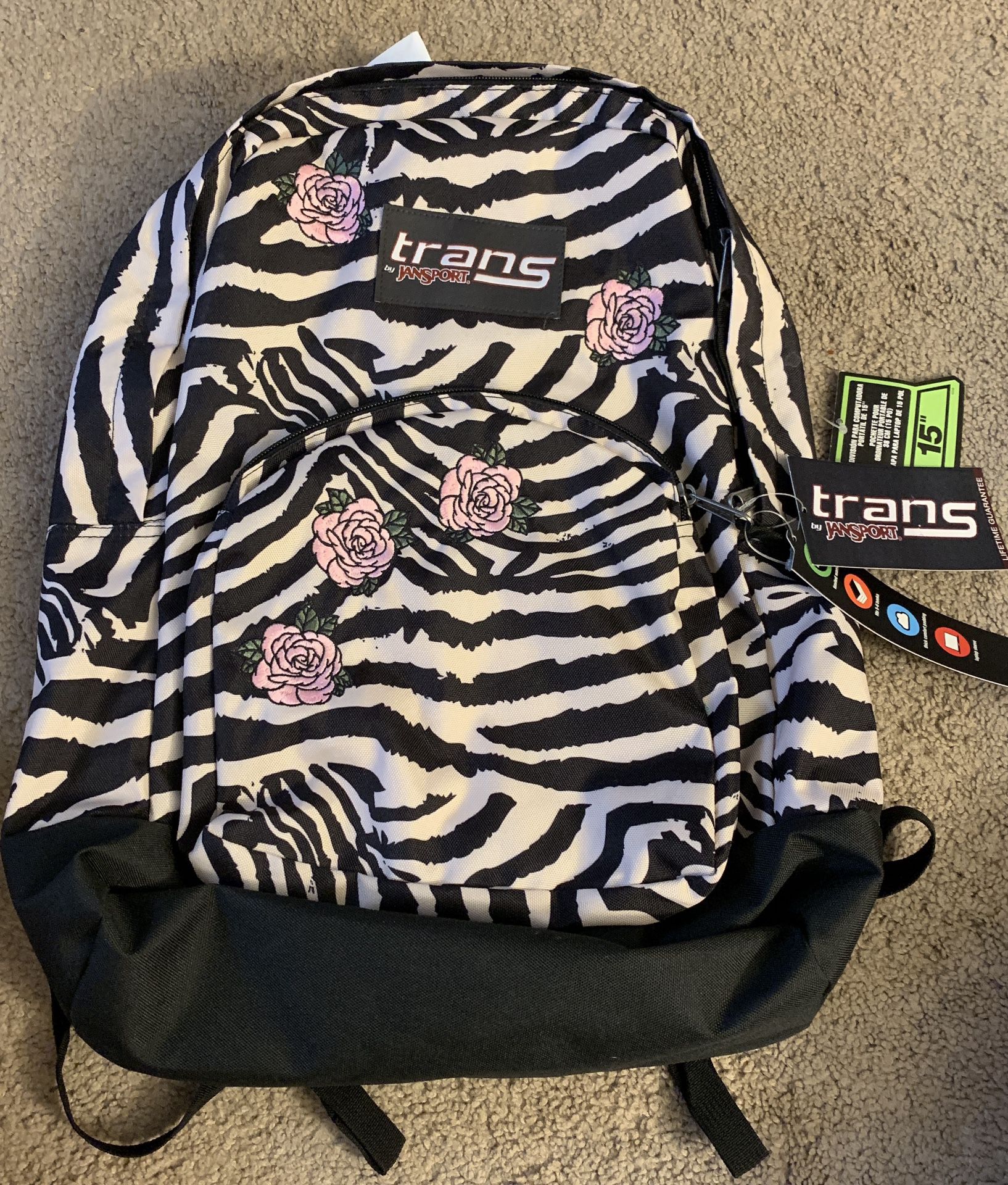 Trans JanSport 17.5" Overt Backpack Laptop Sleeve Zebra Rose Kids Book Bag