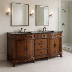 New open box Chelse 72 in. W Double Bath Vanity in Antique Cherry with Granite Vanity Top in Black. Retail  $2200 wt tax here only $1650. Linen bathro