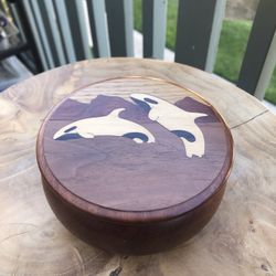Vintage Marquetry Wood Trinket Jewelry Box Orca Whales John Forish