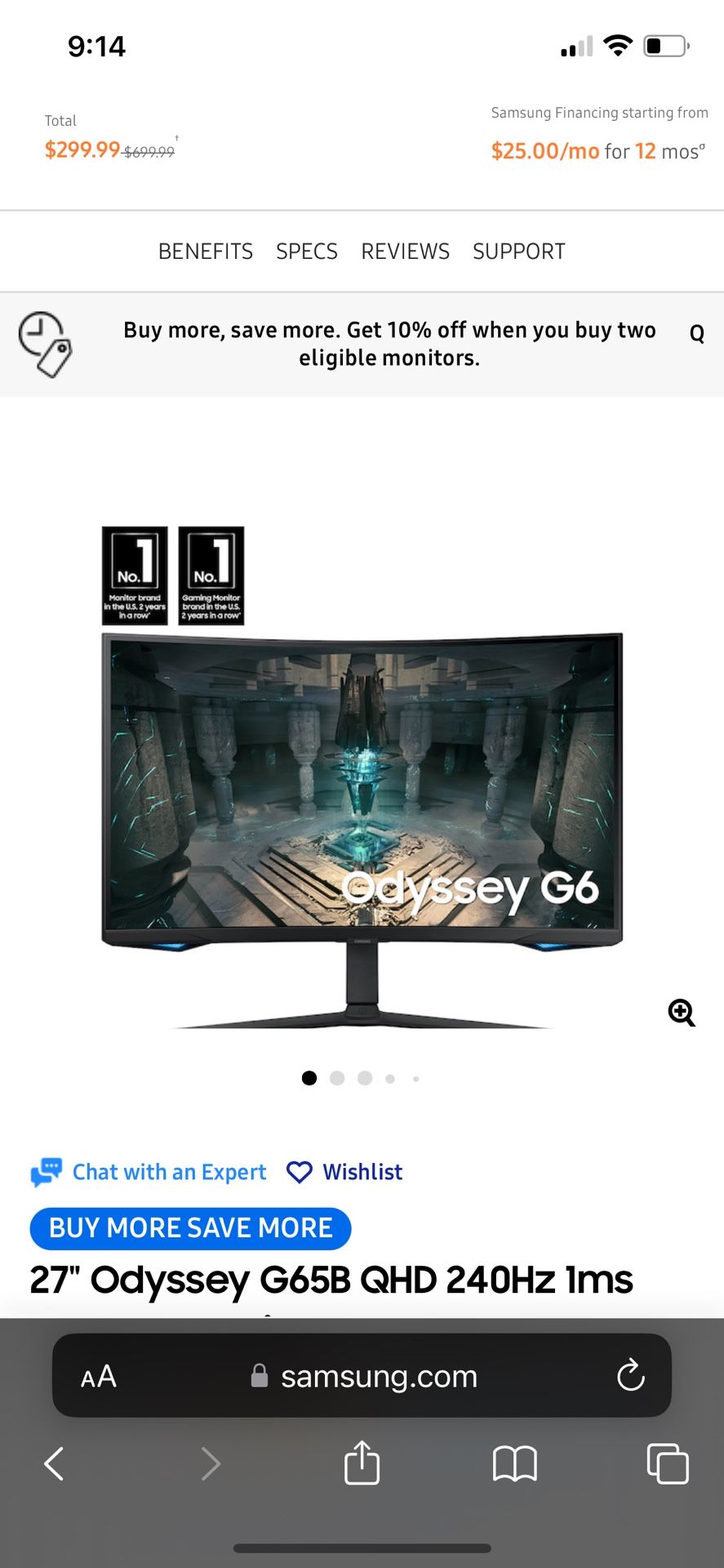 27" Odyssey G65B QHD 240Hz 1ms HDR600 Gaming Hub 1000R Curved Gaming Monitor