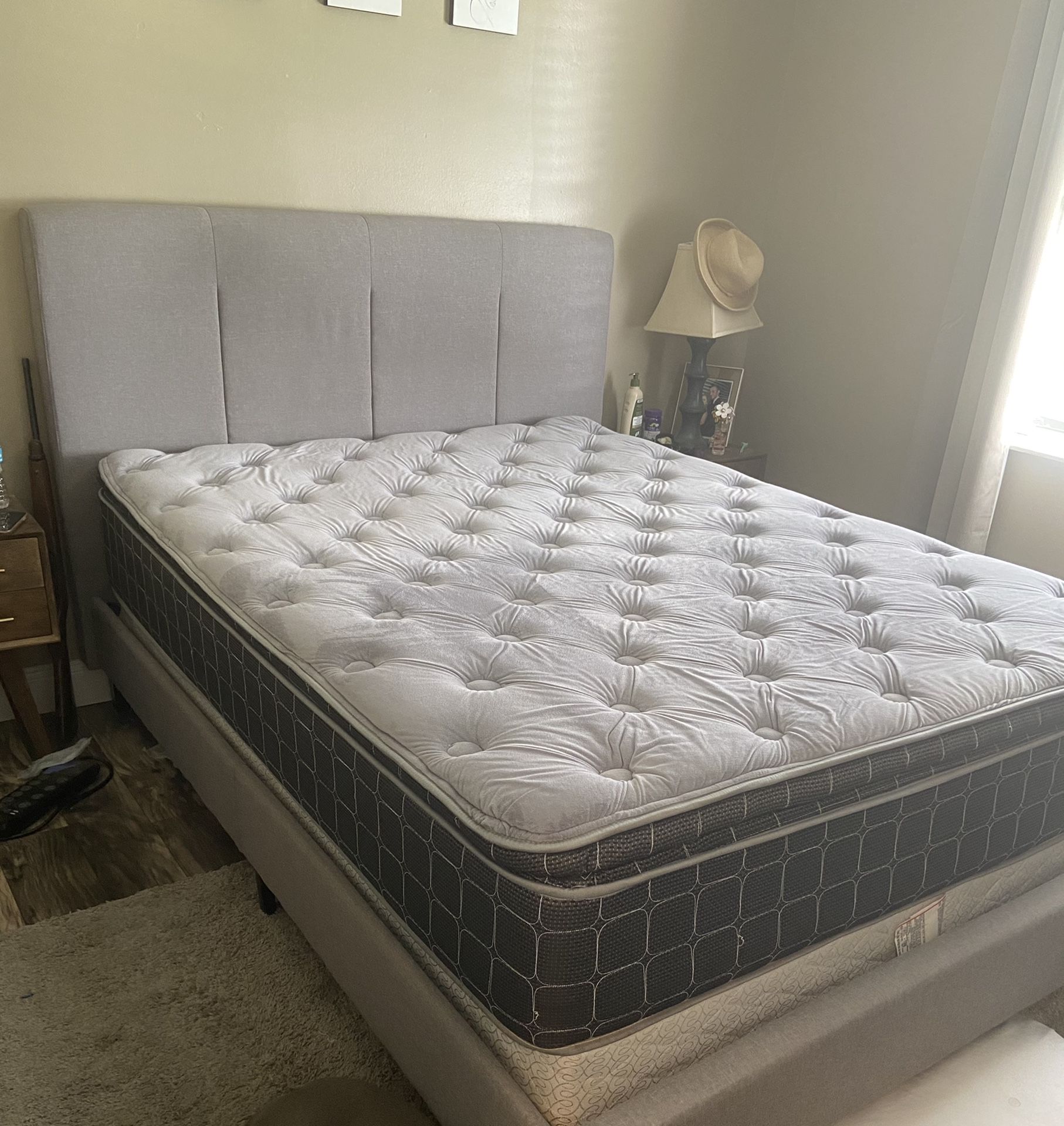 Queen bed frame with mattress and box spring