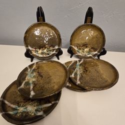 Japanese Hand-made Caramic Platesw/ Floral Design Set Of 6