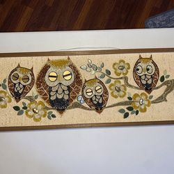 Rare 1960's Vtg MID CENTURY MODERN OWL FAMILY GRAVEL PEBBLE MOSAIC WALL ART