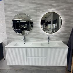 60" Floating White Fluted Pvc Bathroom Vanity