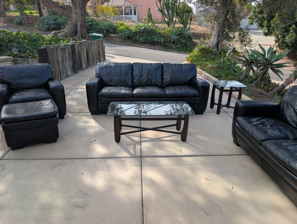 Modern Black Leather Living Room Set + Glass Tables