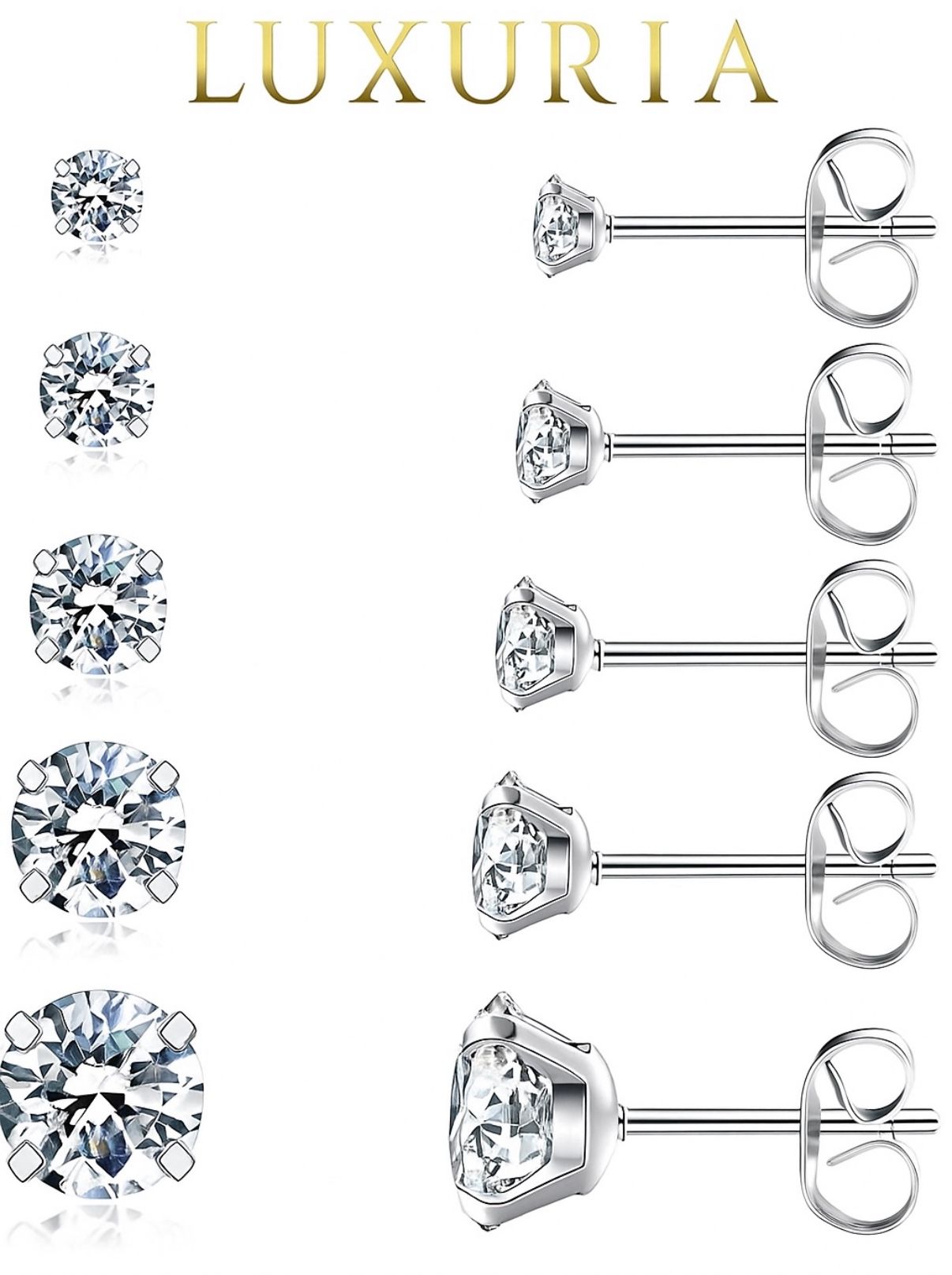 5-Pair CZ Stud Earrings Set | Silver