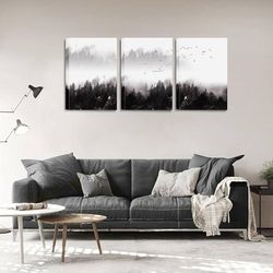 Foggy Forest Canvas Wall Art - Black and White Pine Trees Mountain Landscape