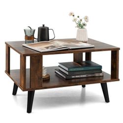 New Costaway Mid Century Modern 27.5” Rustic Brown Rectangle Wood Coffee Table - Open Shelf Storage
