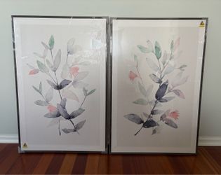 Framed Watercolor Indigo Green Pink Botanical Canvas Wall Art (Each piece is 24x36 inches) NEW!!!!