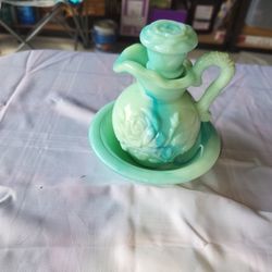 Vintage Avon Green Pitcher And Bowl