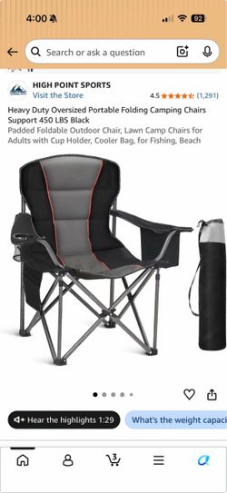 New in box Heavy Duty Oversized Portable Folding Camping Chairs Support 450 LBS Black Padded Foldable Outdoor Chair, Lawn Camp Chairs for Adults with 