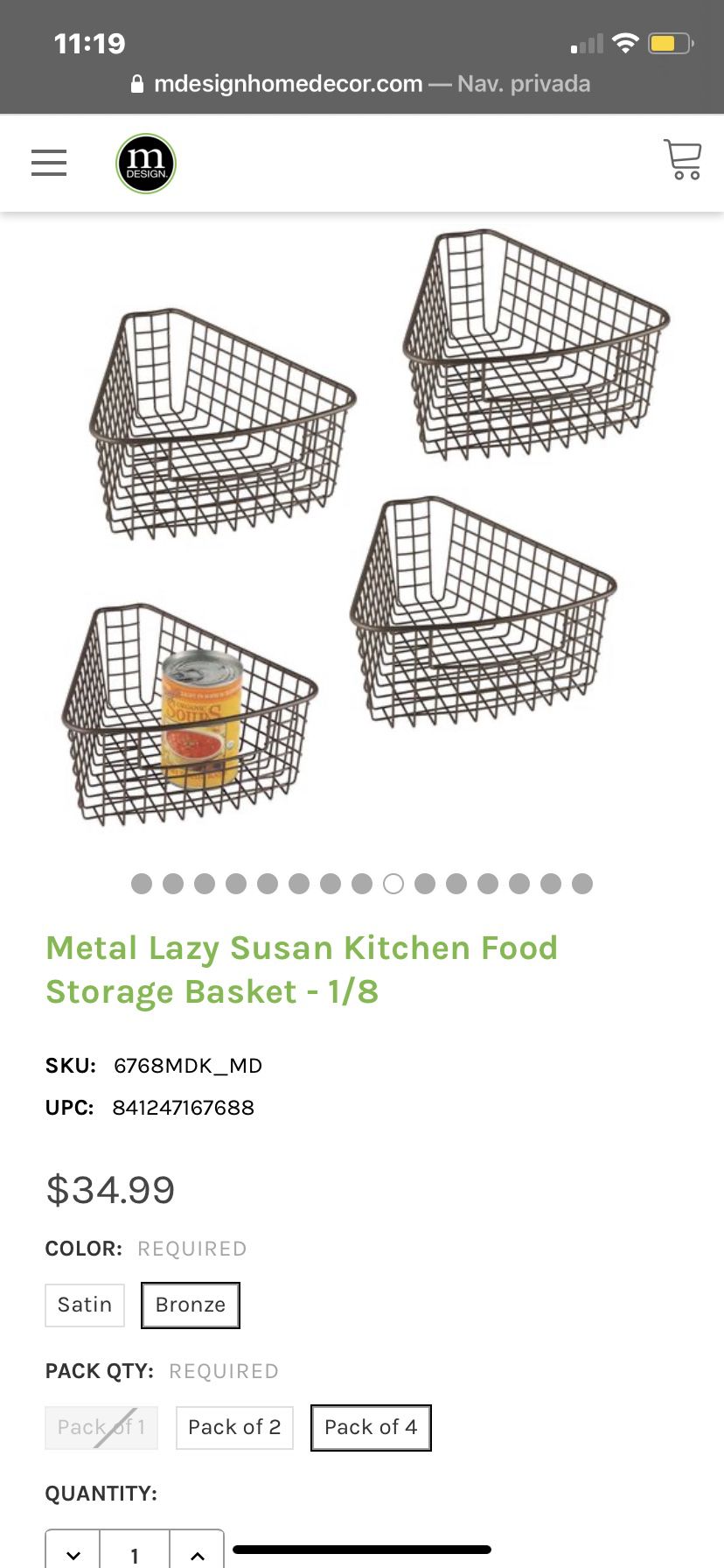 M DESIGN Metal Lazy Susan Kitchen Food Storage Basket BRONZE