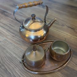 Vintage 4-Piece Copper Tea & Coffee Service Set - Rustic Farmhouse Decor