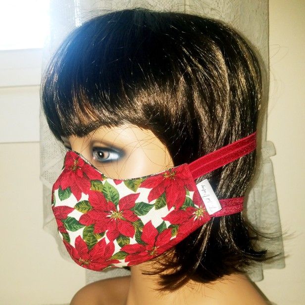 Ladies Reversible Poinsettias Floral Christmas Face Mask Handmade Womens Standard Size Red Black Flowers Elastic Straps