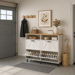 Shoe Storage Cabinet,Farmhouse Shoe Organizer with 4 Flip Drawers & Barn Door Design,Freestanding Hidden Slim Narrow Shoe Rack with Open Shelves for E