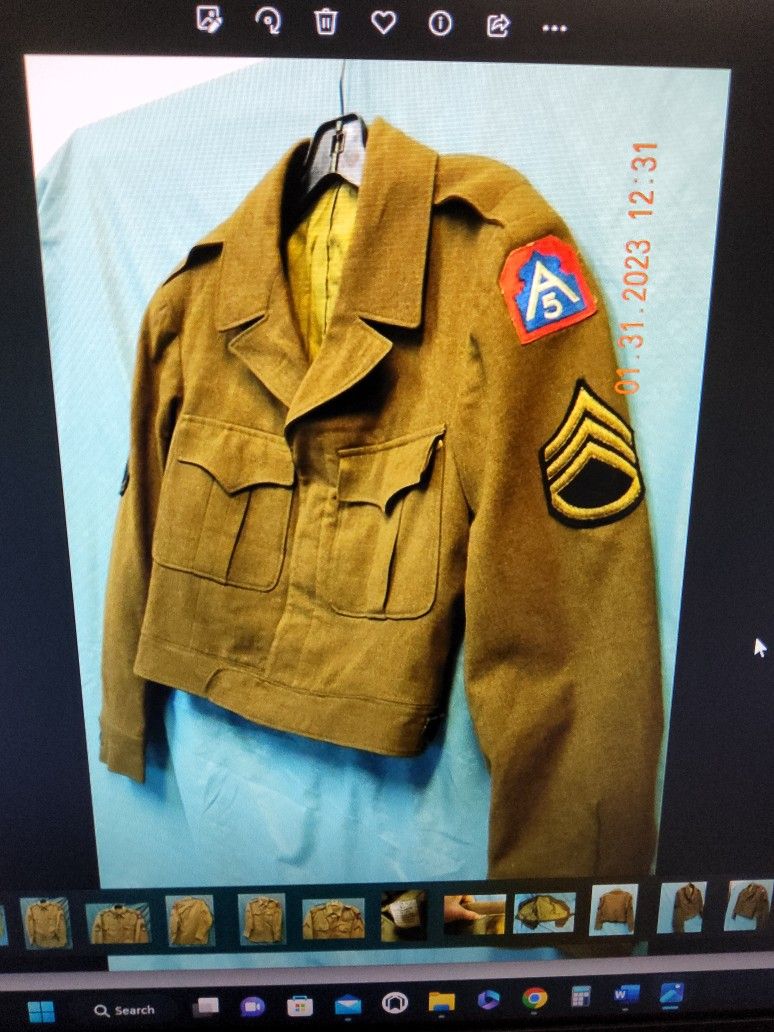 WW2 1940S US ARMY IKE JACKET UNIFORM W/ 5TH ARMY/STAFF SARGENT SHOUL DER PATCHES ( 2 JACKETS, 4 PANTS 3 SHIRTS/TIES, 2 Hats ) RESEDA 100