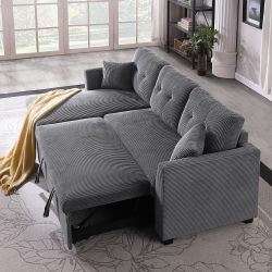 Corduroy Sleeper Pull Out Sofa Bed Sectional Couch with Reversible Storage Chaise