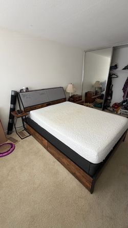Queen Bed mattress, Frame with Headboard/underbed storage