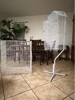 2 White Wire Bird Cages + Stand + Feeders