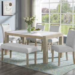 6PCS Faux Marble top Dining table set w/Light Grey fabric chairs and bench