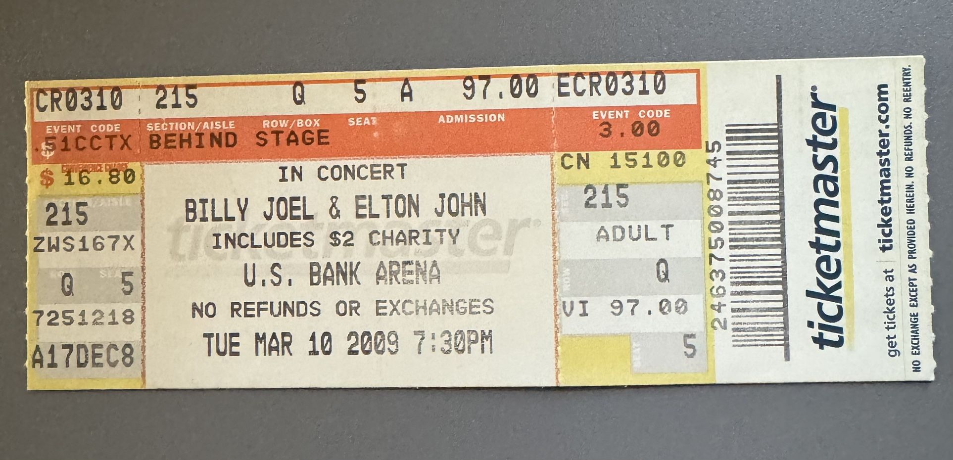 Billy Joel @ Elton John Original Concert Ticket 03/10/2009