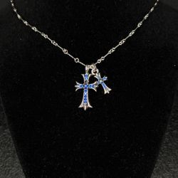 Chrome Hearts Safire Studded Double Floral Cross Stack Pendants Necklace 