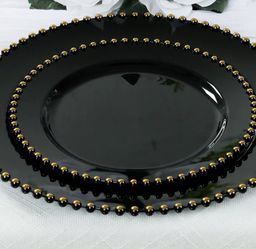 10 Pack Plastic Dessert Appetizer Plates in Black with Gold Beaded Rim, Disposable Round Salad Party Plates 8"
