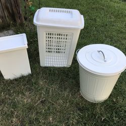 One Laundry Basket  With Cover, One Tras Can With Cover, And On Container With  Cover