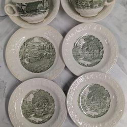 Set Of Vintage Pastoral Pattern China Teacups Saucers 