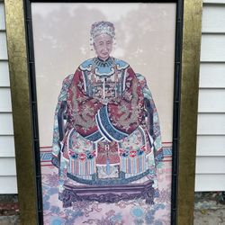 Chinese ancestor portrait. Woman dressed in Chinese Qing Dynasty robe. Bamboo framed. Silk Canvas.