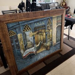 Large Framed Oil Painting - European Street Scene (La Palette Bistro)