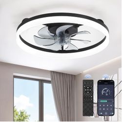 LEDIARY 20" Low Profile Ceiling Fans with Lights, APP & Remote, Black Flush Mount, Dimmable LED, Quiet DC Motor, Reversible, 6 Speeds, Fandelier, for