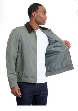Men's Olive Zip-Up Jacket with Corduroy Collar