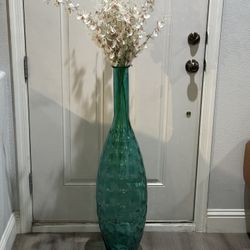39” High Teal Blue Bubbles Textured Glass Vase 