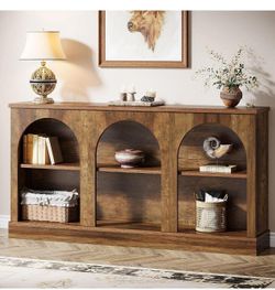Farmhouse Console Table, 63-Inch Long Entryway Table with 3 Tier Storage, Wooden Rectangular Sofa Table Behind The Couch, Rustic Brown