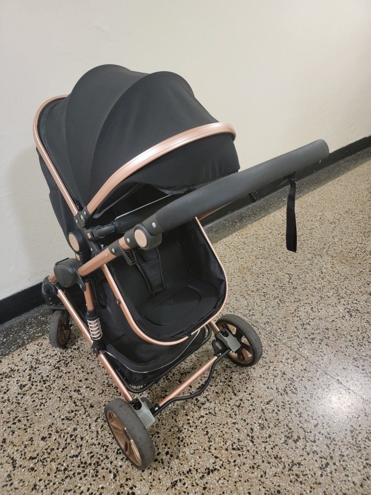 3-in-1 Luxury Stroller w/ Car Seat & Bassinet – Black & Rose Gold