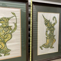 Antique - Rice Paper Green Asian Screen Artwork