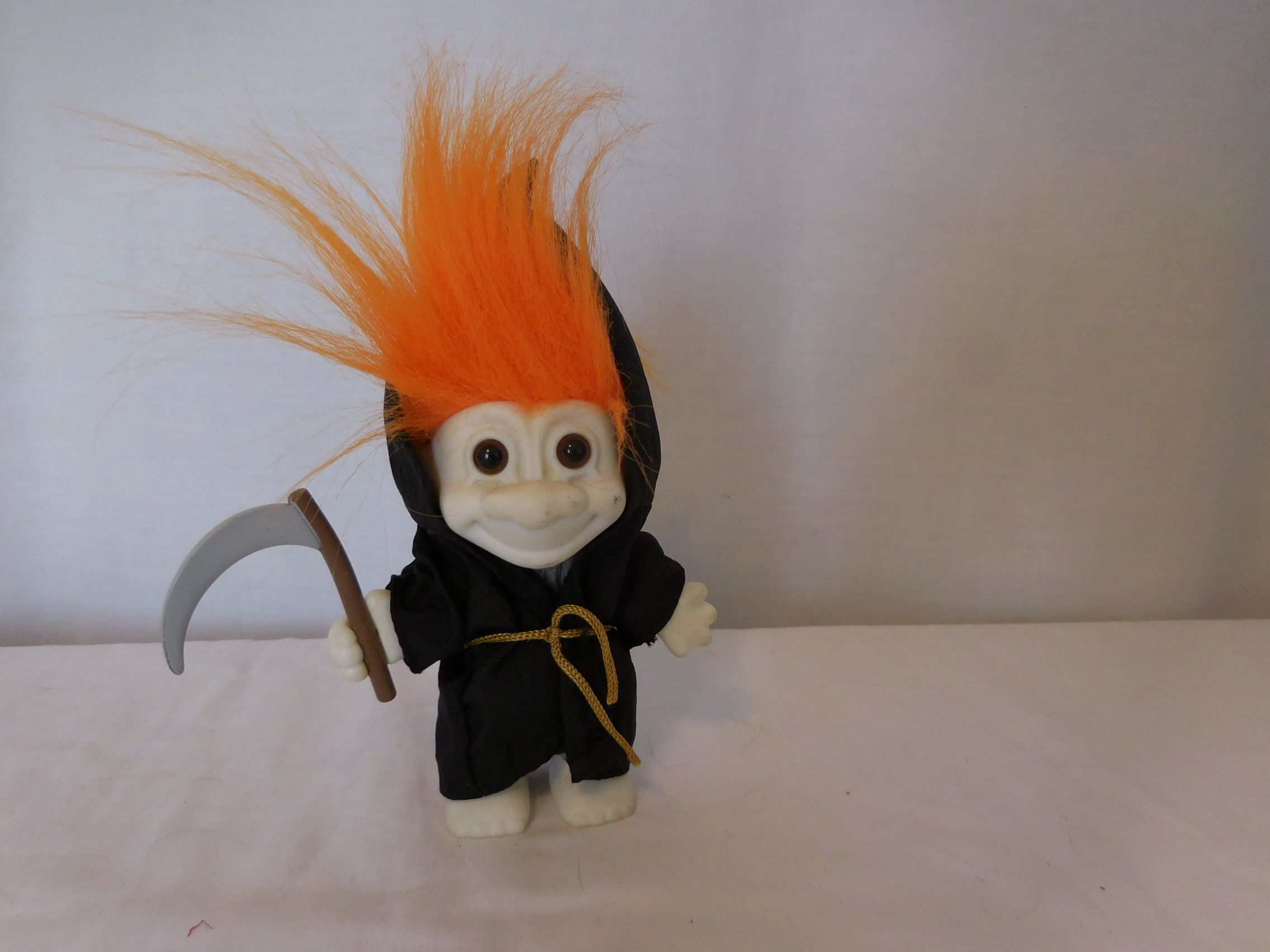 Troll Russ Grim Reaper Troll Doll Orange Hair 5" Halloween With Scythe Sickle tiny black marks on face needs to be cleaned
