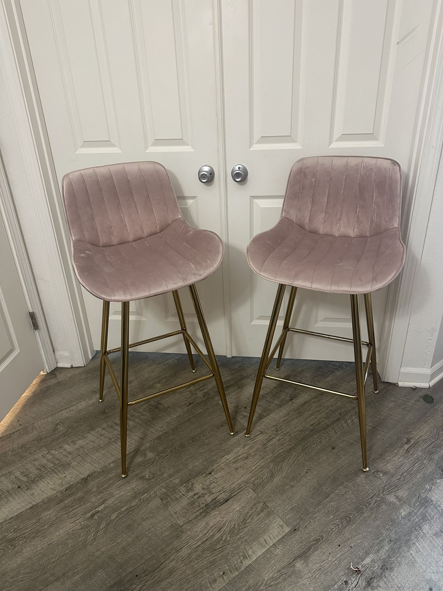 Two Blush Bar Stools With Gold Legs