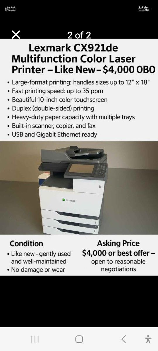 Lexmark CX921de Color Laser Printer – Like New – $4,000 OBO