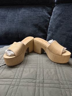 Platform Block Heel Raffia Mule Sandals