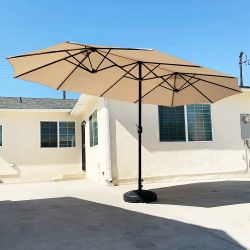 New $130 Large 15 FT Double Sided Outdoor Umbrella with 65 LBS Plastic Weight Base (Beige color)