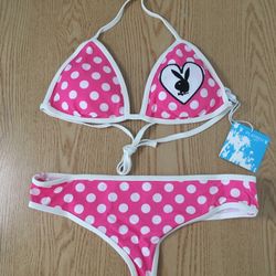 New Womens Vintage Playboy 2Pc Polka Dot Thong Bikini Swimsuit Size Large 