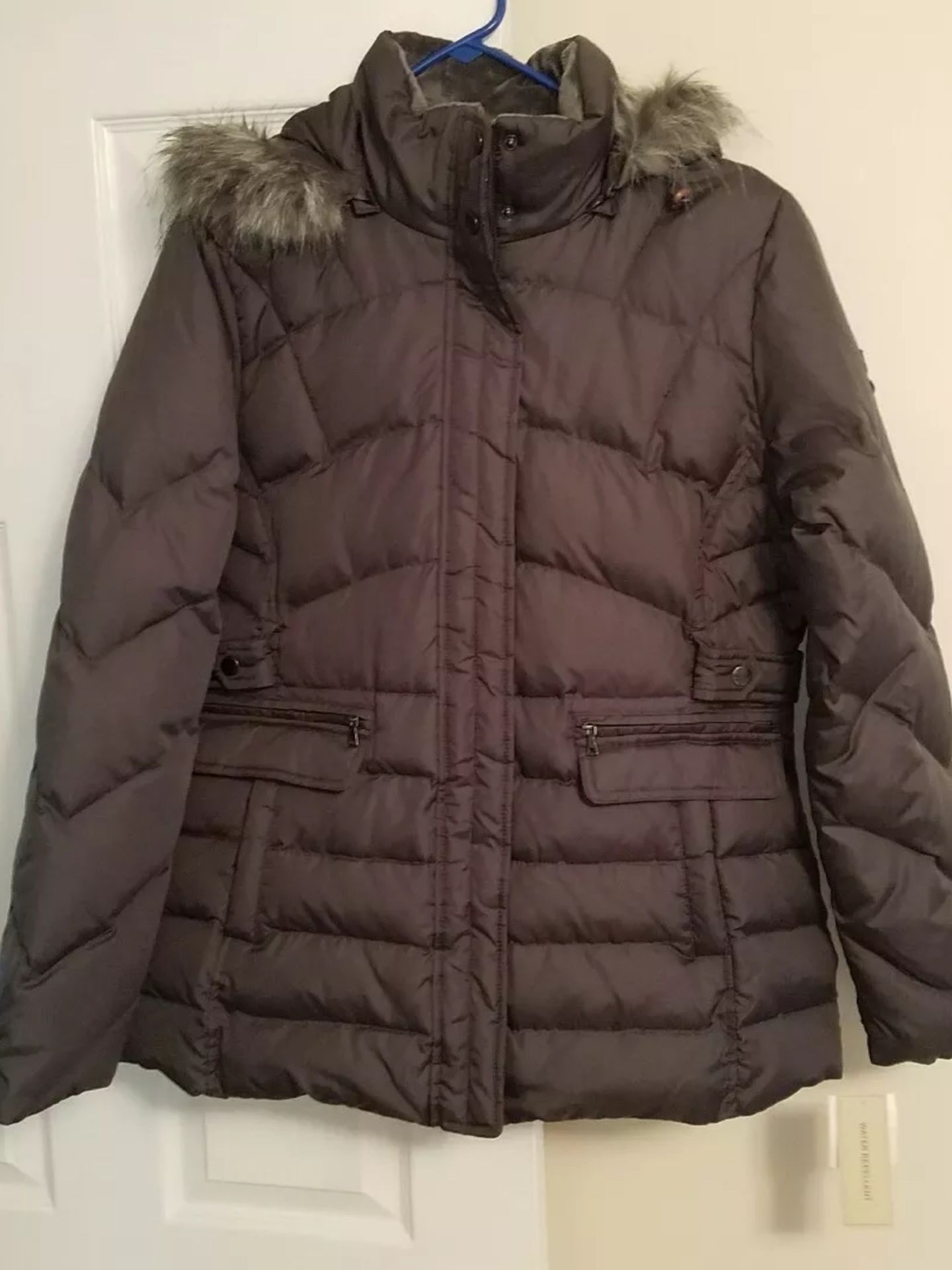Women's Larry Levine Down Coat Gray w/ Hood Large Water Repellent