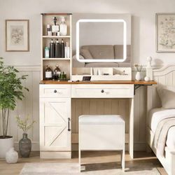 #B Makeup Vanity Desk with Mirror and Lights, Vanity Set with Charging Station & 2 Drawers & Cabinets, Dressing Table with Stool for Bedroom $110