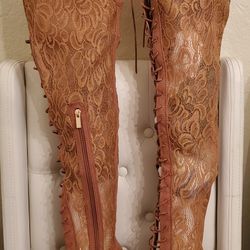 New $40 Size 8 Laced Up Thigh High  Boots Light Brown 