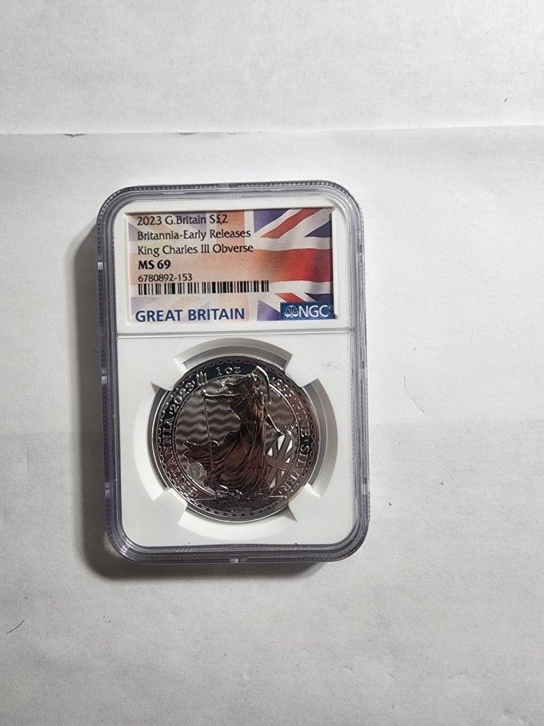 2023 GB 1oz Silver Britannia King Charles Obverse NGC MS69 ER Flag Label