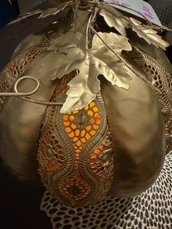 Gold Metal Pumpkin Lantern with Leaf Stem