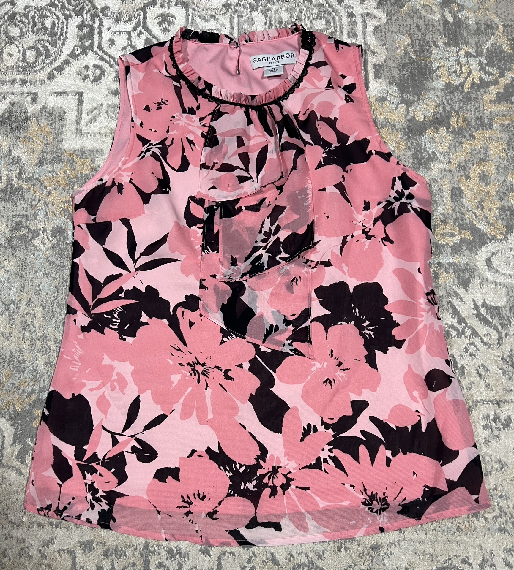 Sag Harbor Petite Pink Black Floral Sleeveless Top Blouse Women’s Size PS