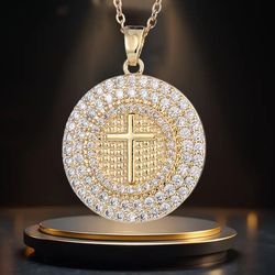 Exquisite Paved Round Cross 14K Gold-Plated Cubic Zirconia Pendant Necklace